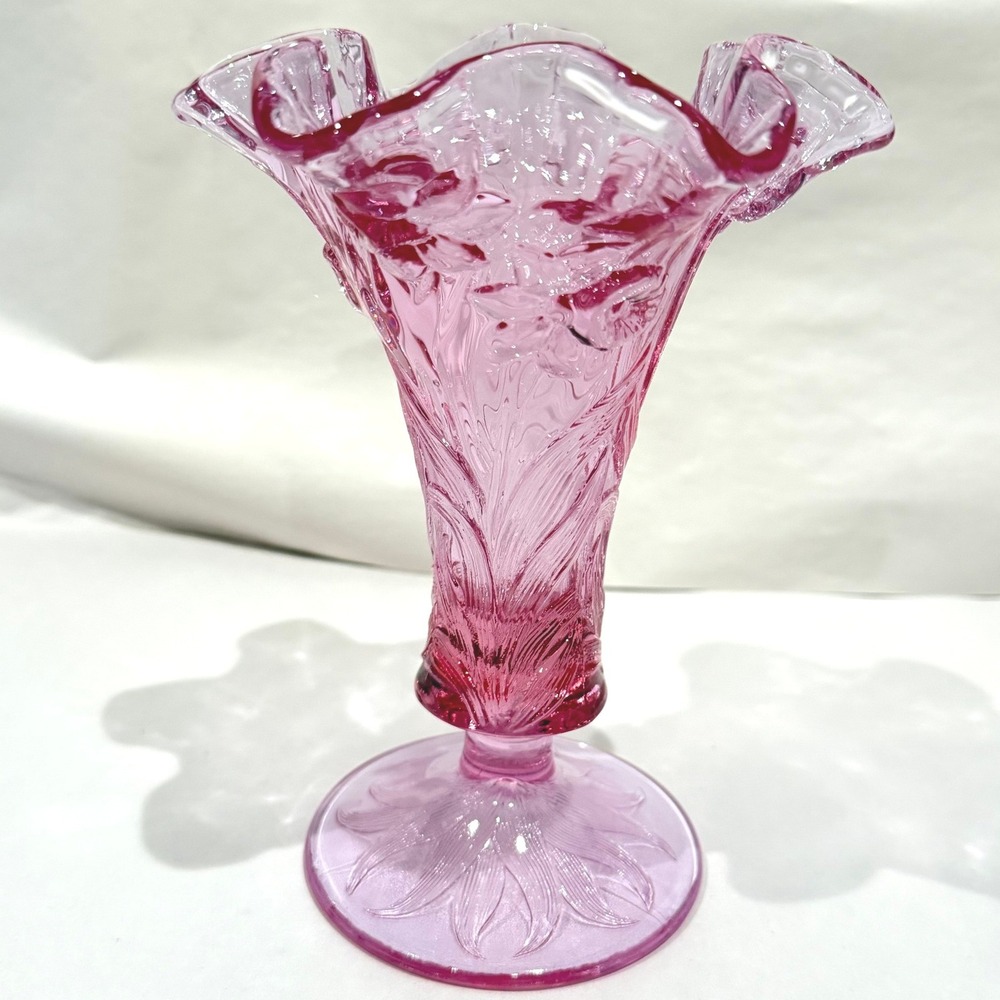 Fenton Empress Rose Pink Glass Vase Daffodil Embossed Ruffled Crimped Footed - Picture 3 of 8